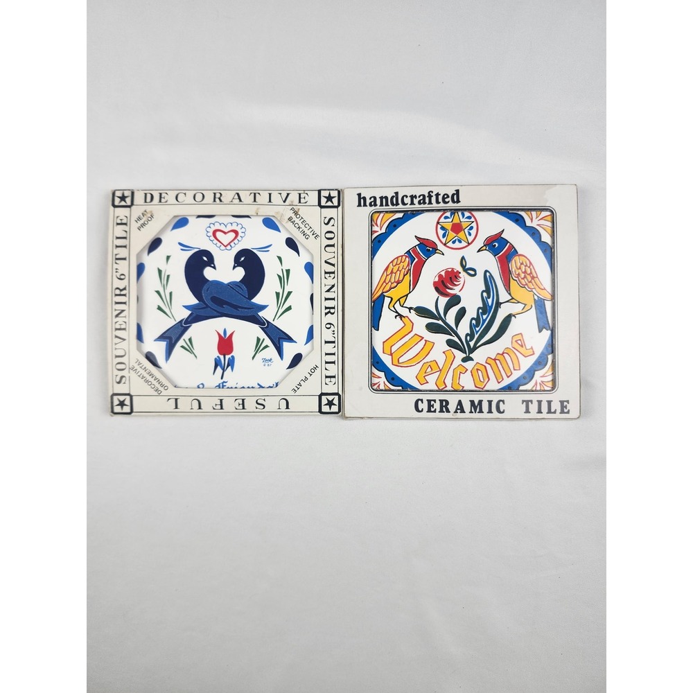 Vintage Pennsylvania Dutch Folk Art Ceramic Tile Trivets NOS Boxed Lot of 2 USA